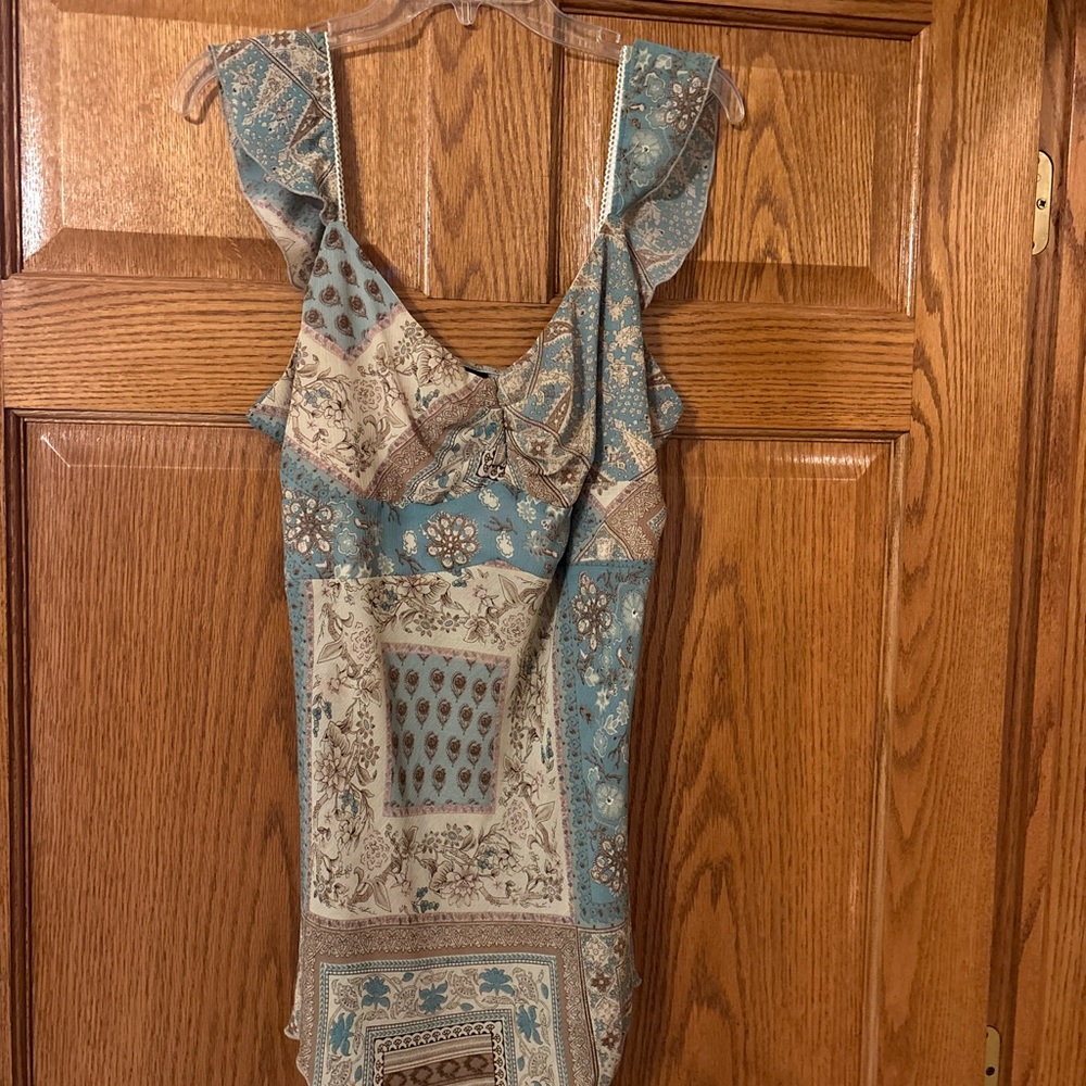 Floral Patchwork Ruffle Strap Women’s Tank Top - Blue/Cream